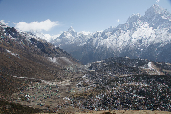 The Villages of Khunde (foreground) and Khumjung (centre) with Sagarmāthā and Ama Dablam